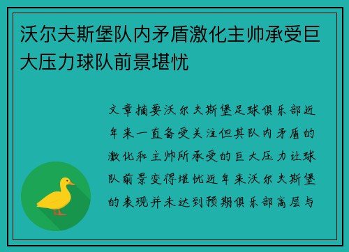 沃尔夫斯堡队内矛盾激化主帅承受巨大压力球队前景堪忧