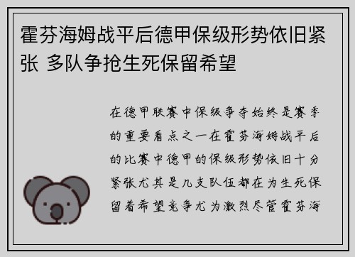 霍芬海姆战平后德甲保级形势依旧紧张 多队争抢生死保留希望