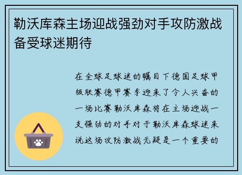 勒沃库森主场迎战强劲对手攻防激战备受球迷期待