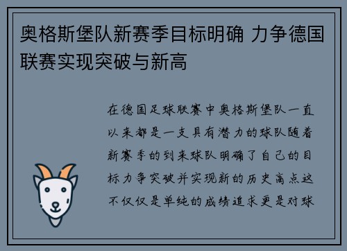 奥格斯堡队新赛季目标明确 力争德国联赛实现突破与新高
