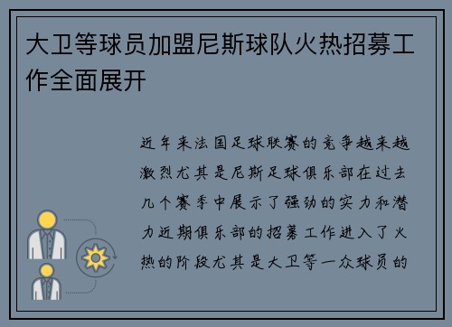 大卫等球员加盟尼斯球队火热招募工作全面展开